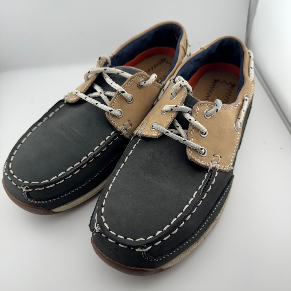 Rockport Works Boat Shoes Mens 8.5W Navy Tan Steel Toe Leather RK670 Safety Shoe